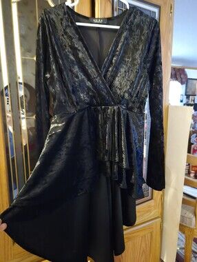 AKIRA Black Velvet Wrap-Front Long Sleeve Dress  Or Top with Ruffle Detail Hilow